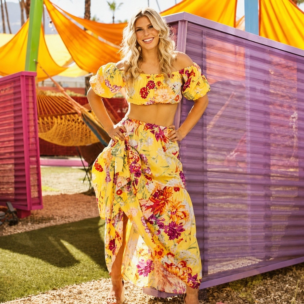 H&M Yellow Floral Tropical Crop Top Maxi Skirt Set Size M